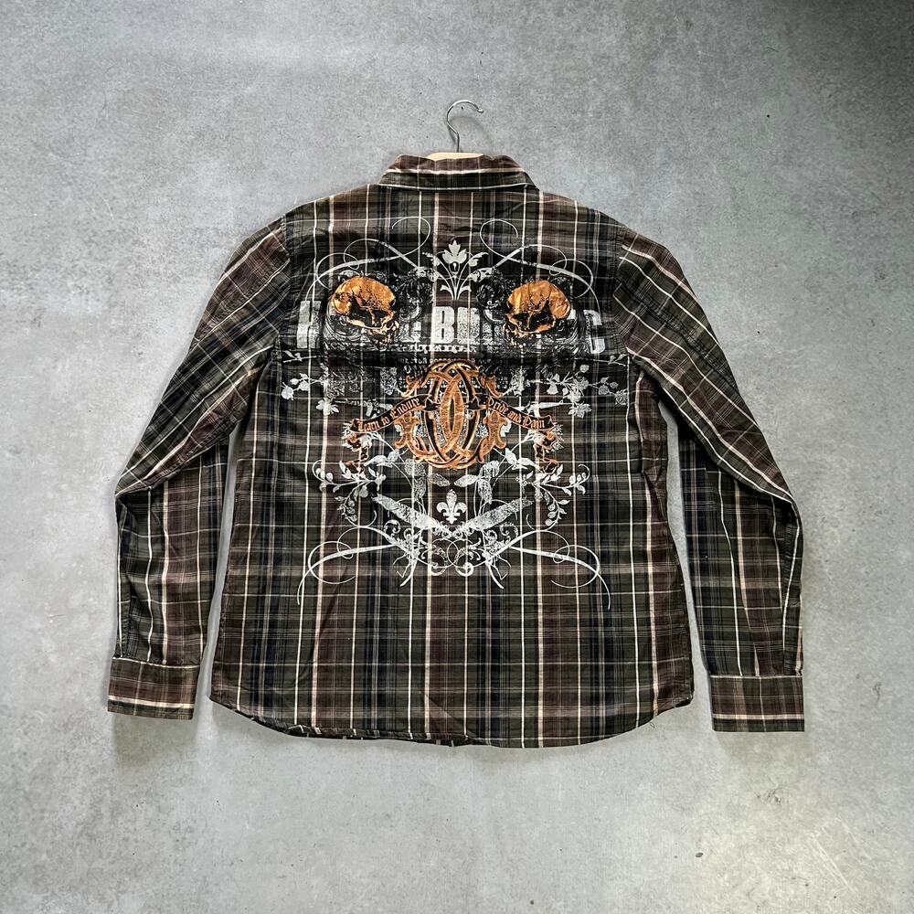 MMA Elite Shirt Men’s Large Long Sleeve Button Down Brown Plaid Skulls Design